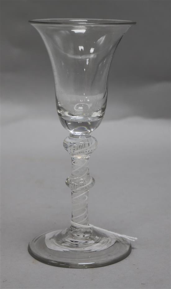 A double series opaque twist wine glass, c.1760, bell bowl and a double knopped opaque twist stem wine glass, c.1760